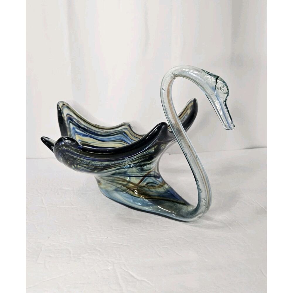 Vintage Large Hand Blown Glass Multi-Colored Swan Bowl Centerpiece 12"